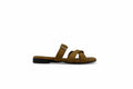 A single flat slide sandal with two wide brown straps and a small silver buckle, shown from the side against a light gray background.