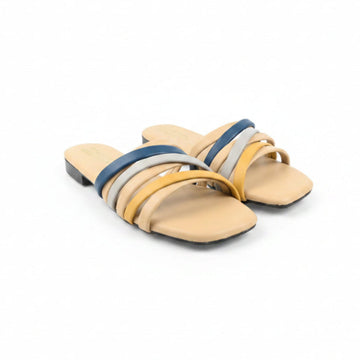 A pair of women's slide sandals with a beige footbed and multiple thin straps in navy blue, mustard yellow, and light gray, set against a plain white background.