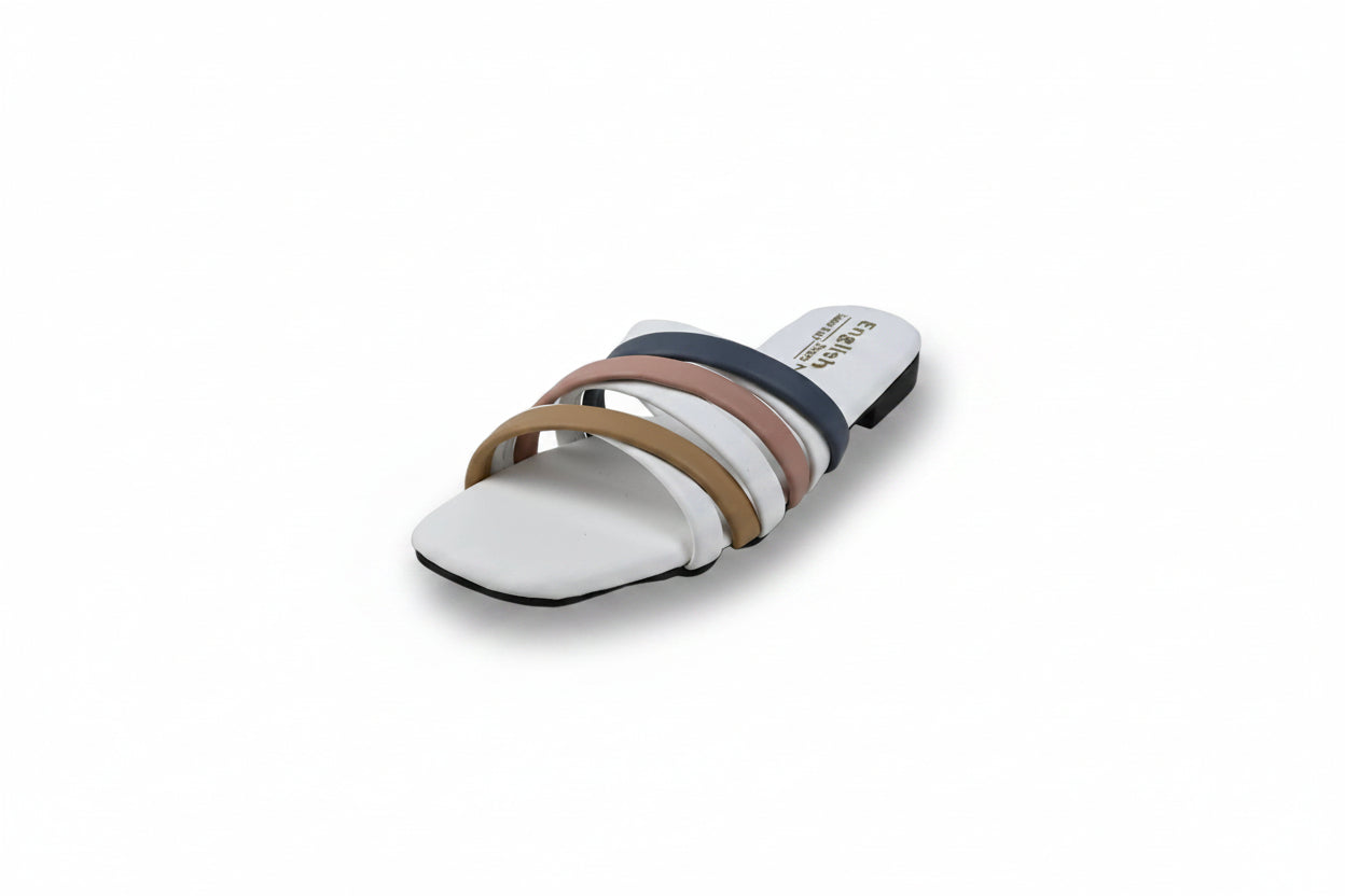 A single women's slide sandal with a white footbed and three horizontal straps in white, navy blue, dusty pink, and tan, photographed on a light gray studio background.