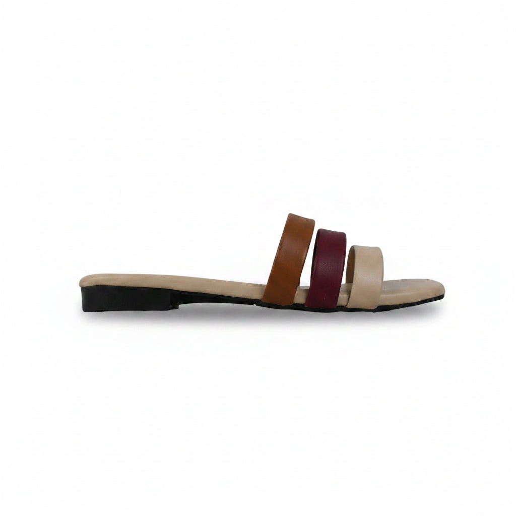 A single flat slide sandal shown in side profile against a light gray background. The sandal features three parallel straps in brown, burgundy, and beige, with a beige footbed and a black sole.