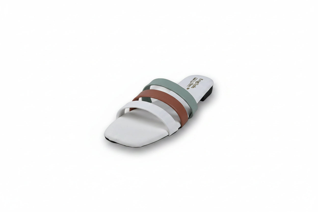 A white flat slide sandal with three horizontal straps in sage green, brown, and white, featuring a low block heel and a small gold logo on the side.