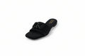 A single black slide sandal with a decorative rhinestone-embellished double strap and a low block heel, shown on a light gray background.