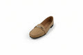 A single tan leather loafer with a gold-tone metal strap detail across the vamp, photographed on a white studio background.