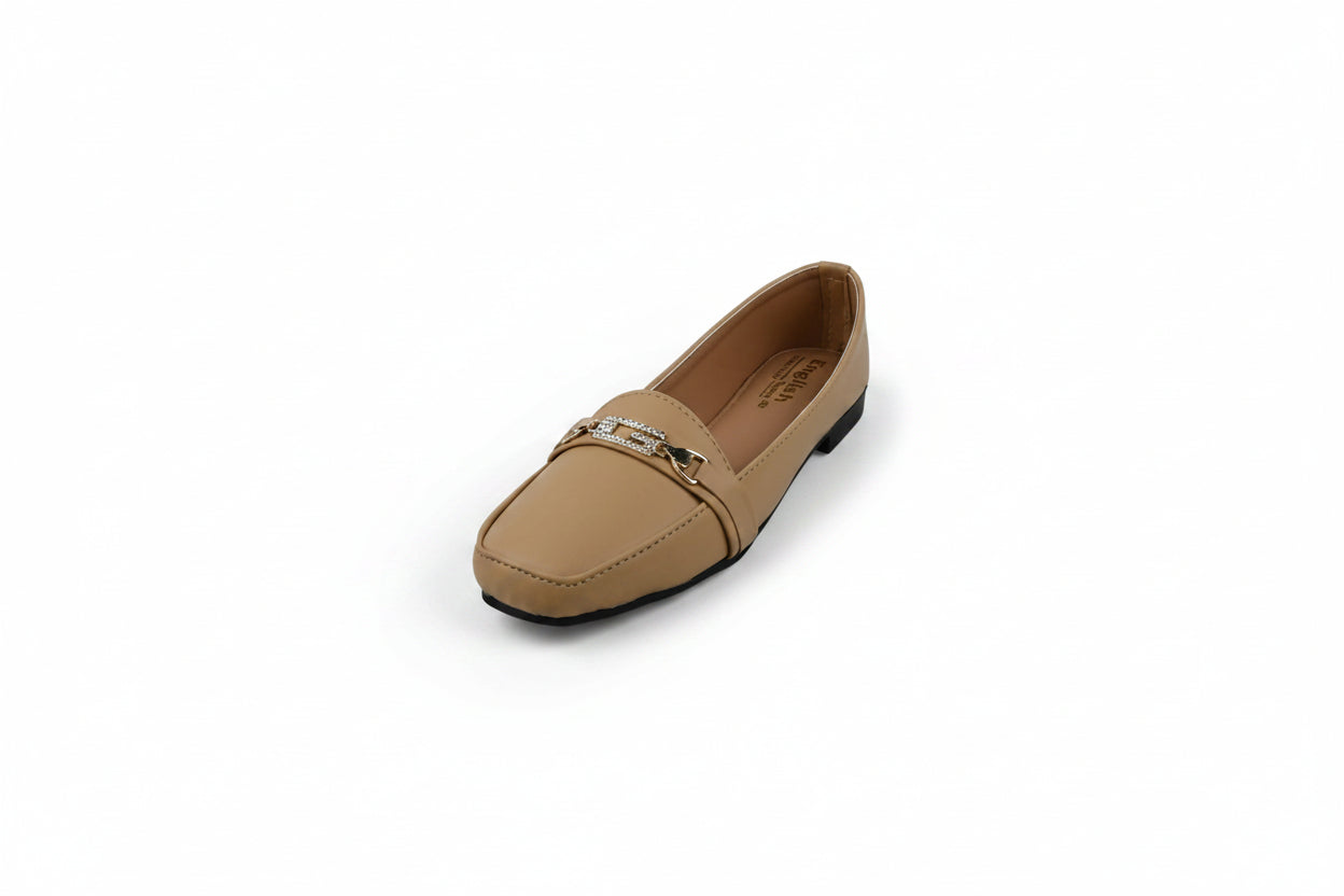 A single tan leather loafer with a gold-tone metal strap detail across the vamp, photographed on a white studio background.