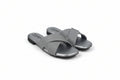 A pair of women's slide sandals in metallic silver with crisscrossing straps, shown on a light gray background.