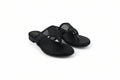 A pair of black slide sandals with rhinestone-embellished straps, photographed on a light gray studio background.