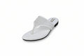 A single white thong sandal with a perforated upper strap and a low black heel, photographed on a light gray background.
