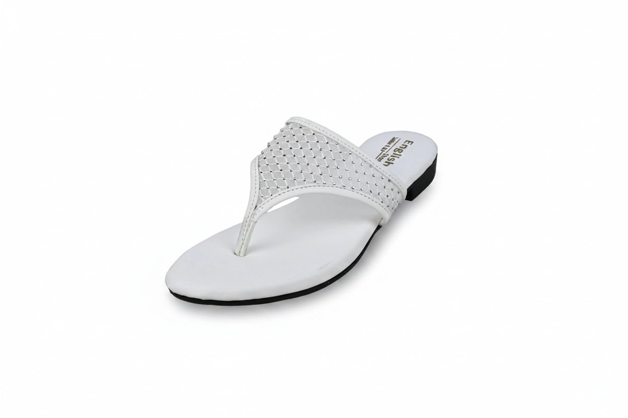 A single white thong sandal with a perforated upper strap and a low black heel, photographed on a light gray background.