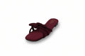 A single burgundy flat slide sandal with a knotted bow detail across the instep, photographed on a white studio background.