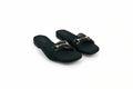 A pair of dark green slide sandals with gold-tone horsebit hardware, displayed on a white studio background.