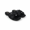 A pair of black slide sandals with multiple wide straps covered in small silver rhinestones, shown on a plain white studio background.