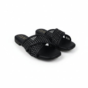 A pair of black slide sandals with multiple wide straps covered in small silver rhinestones, shown on a plain white studio background.