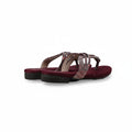 A pair of women's flat thong sandals with burgundy red soles and straps, featuring a woven multicolor pattern detail on the straps, set against a plain light gray background.
