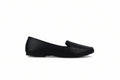 A single black leather loafer flat shoe shown in profile against a light gray textured background.