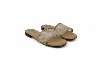 A pair of women's slide sandals with beige woven mesh straps and tan soles, photographed on a light gray studio background.