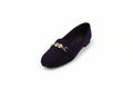 A single dark purple velvet loafer with a gold-tone horsebit hardware detail across the vamp, photographed on a light gray studio background.