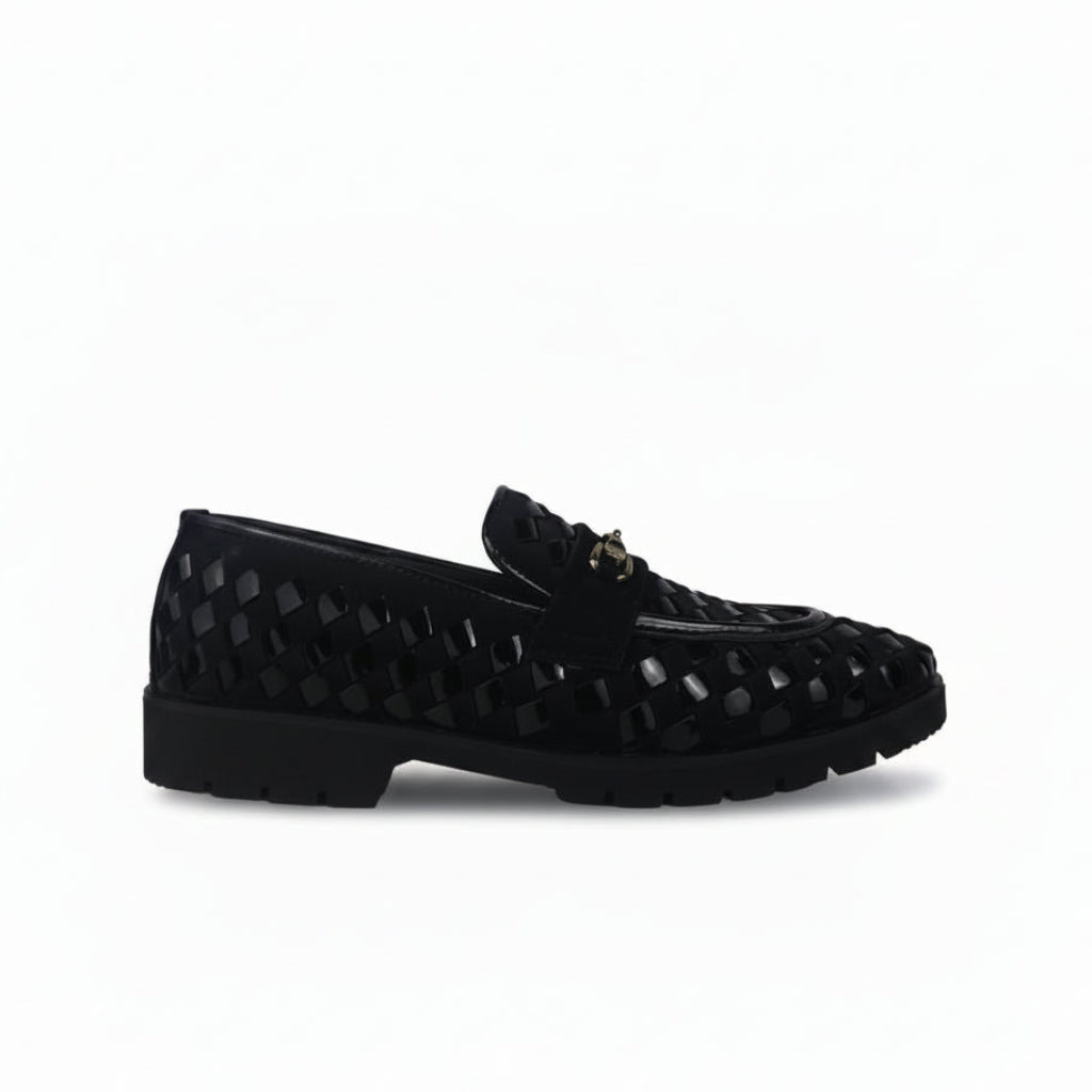 A pair of black woven leather loafers with a gold-tone horsebit detail on the strap, displayed against a light gray fabric backdrop.