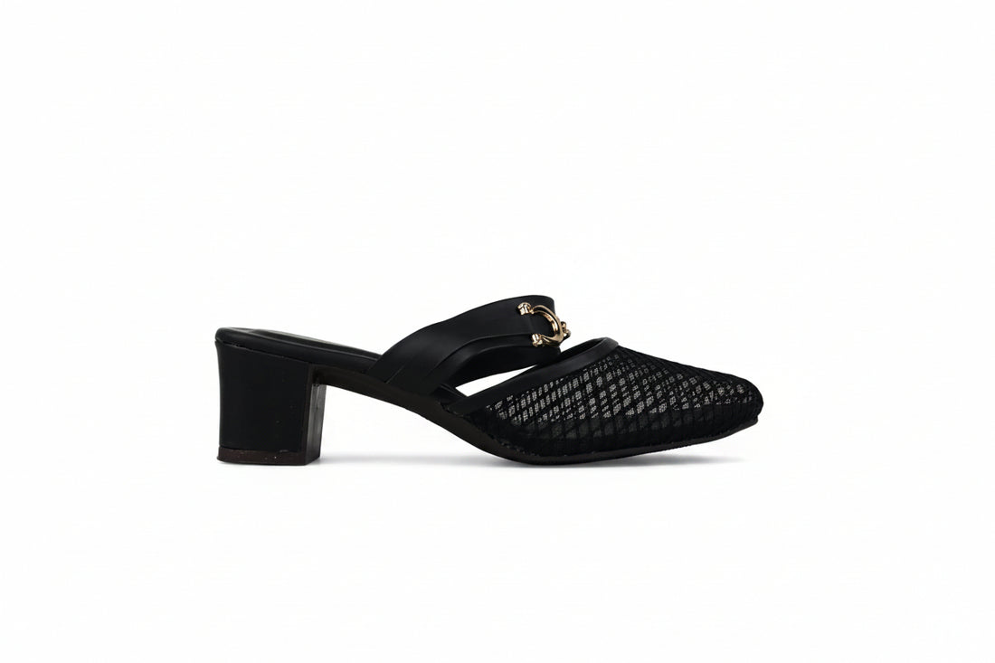 A single black mule sandal with a textured woven upper, a low block heel, and a gold-tone chain detail on the strap, shown against a light gray background.