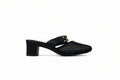A single black mule sandal with a textured woven upper, a low block heel, and a gold-tone chain detail on the strap, shown against a light gray background.