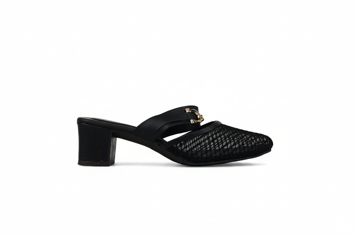 A single black mule sandal with a textured woven upper, a low block heel, and a gold-tone chain detail on the strap, shown against a light gray background.