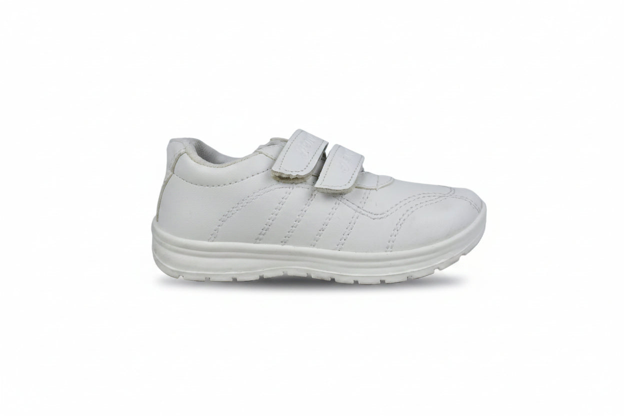 A white low-top casual shoe with two hook-and-loop strap closures, shown from the side against a light gray textured background.