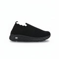 A single black slip-on knit sneaker with a textured sole, featuring a small white 'FWD' logo on the heel, set against a plain light gray background.