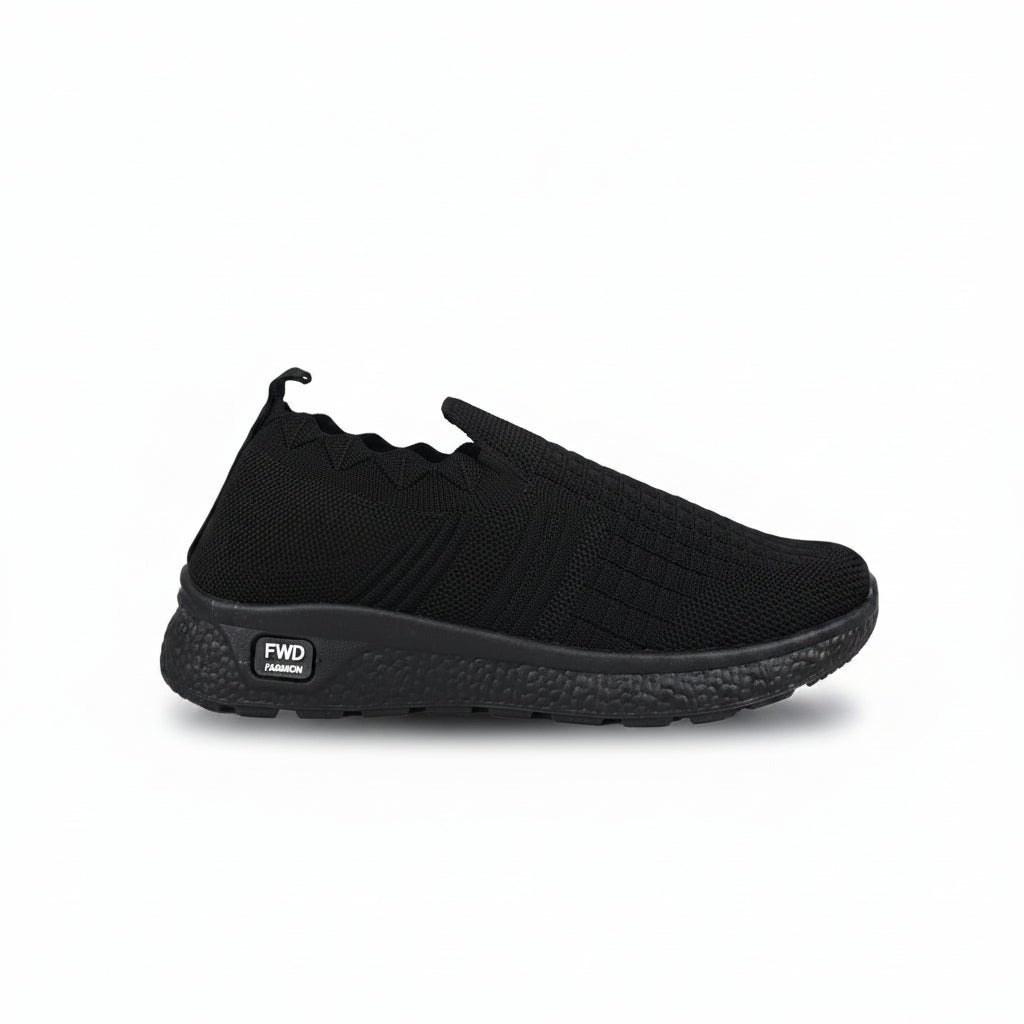 A single black slip-on knit sneaker with a textured sole, featuring a small white 'FWD' logo on the heel, set against a plain light gray background.
