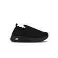 A single black slip-on athletic shoe with a textured knit upper and a chunky black sole, shown from the side against a light gray background.