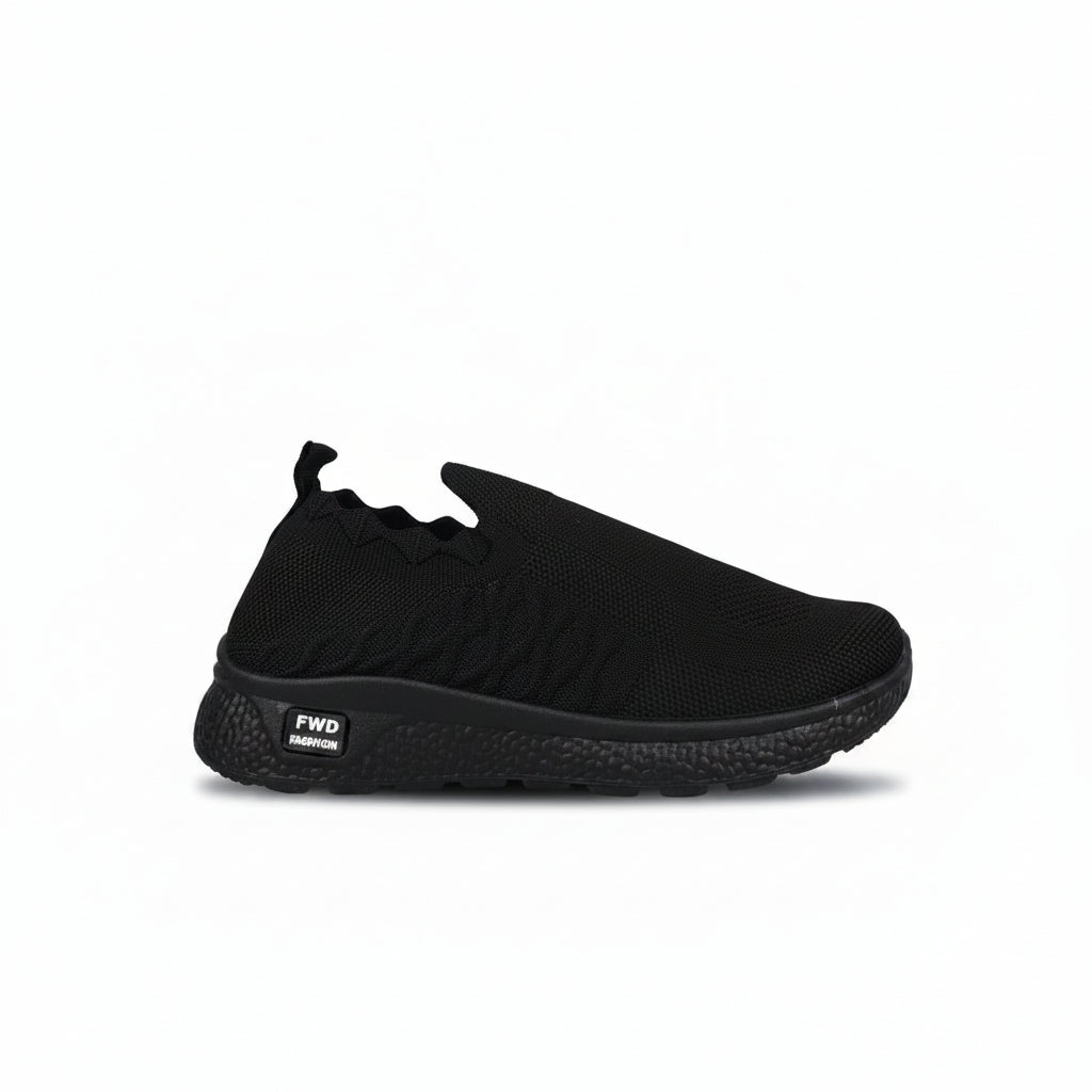 A single black slip-on athletic shoe with a textured knit upper and a chunky black sole, shown from the side against a light gray background.