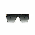 A pair of square shield sunglasses with a dark gray gradient lens and gold metal trim, displayed on a white surface with a reflective silver backdrop.