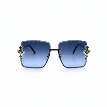 Square sunglasses with blue gradient lenses and ornate gold-toned metal accents on the sides, displayed against a white background with reflective silver panels on either side.