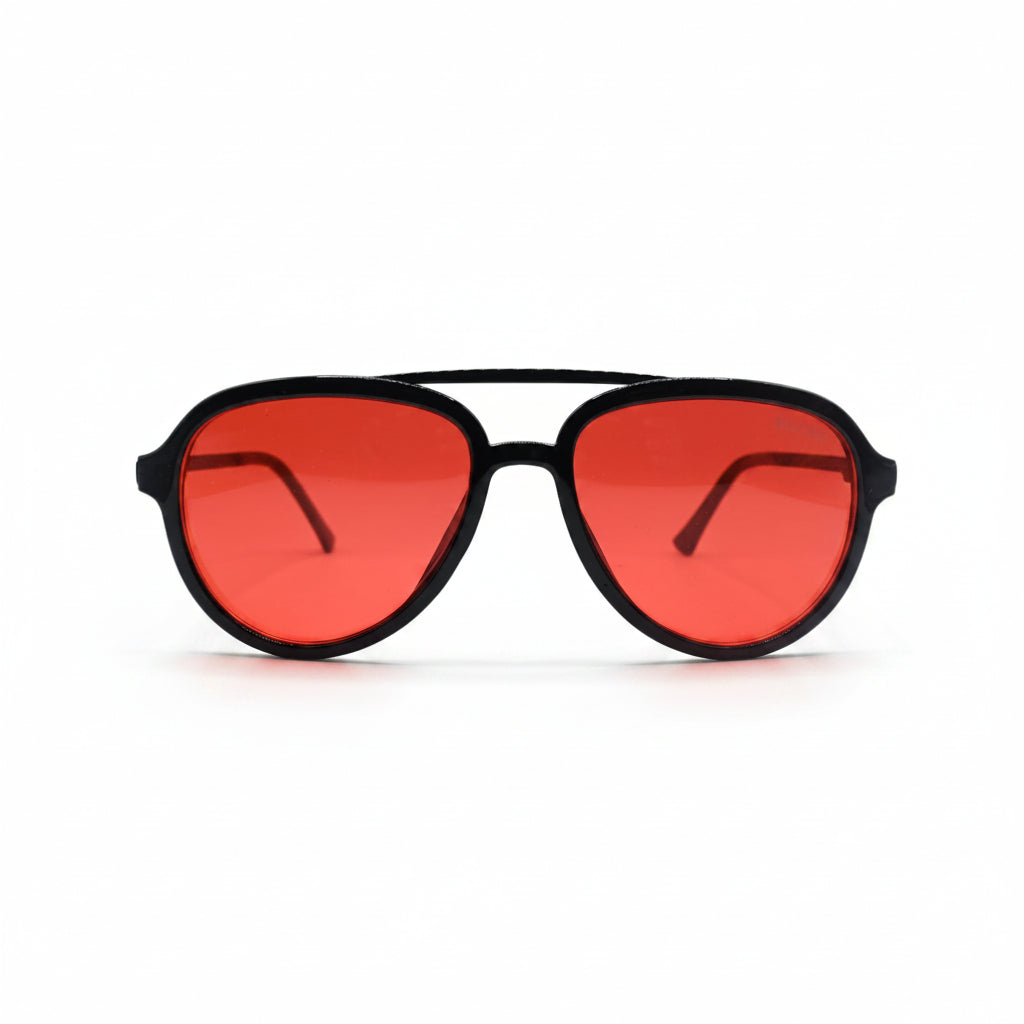 A pair of aviator-style sunglasses with a matte black frame and vibrant red lenses, displayed on a white surface between two textured silver pouches.