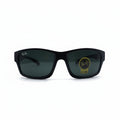 Black Ray-Ban sunglasses with dark lenses, displayed on a white surface with two silver reflective bags on either side.