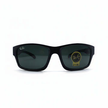 Black Ray-Ban sunglasses with dark lenses, displayed on a white surface with two silver reflective bags on either side.