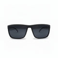 Matte black wrap-around sunglasses with dark tinted lenses, shown from the front on a solid white background.