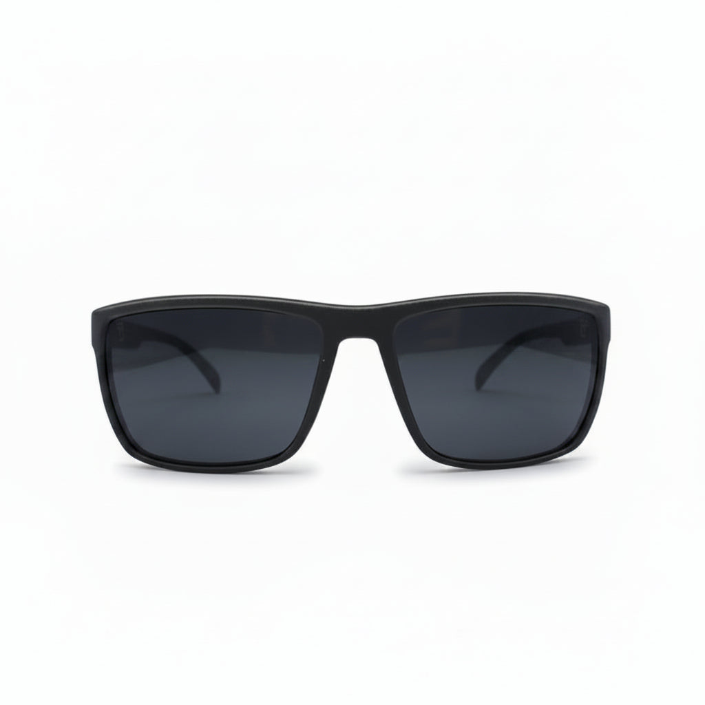 Matte black wrap-around sunglasses with dark tinted lenses, shown from the front on a solid white background.