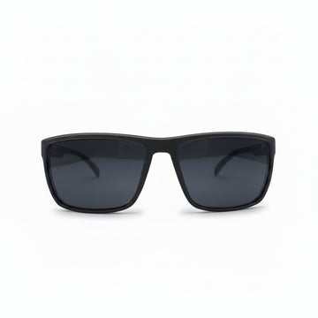 Matte black wrap-around sunglasses with dark tinted lenses, shown from the front on a solid white background.