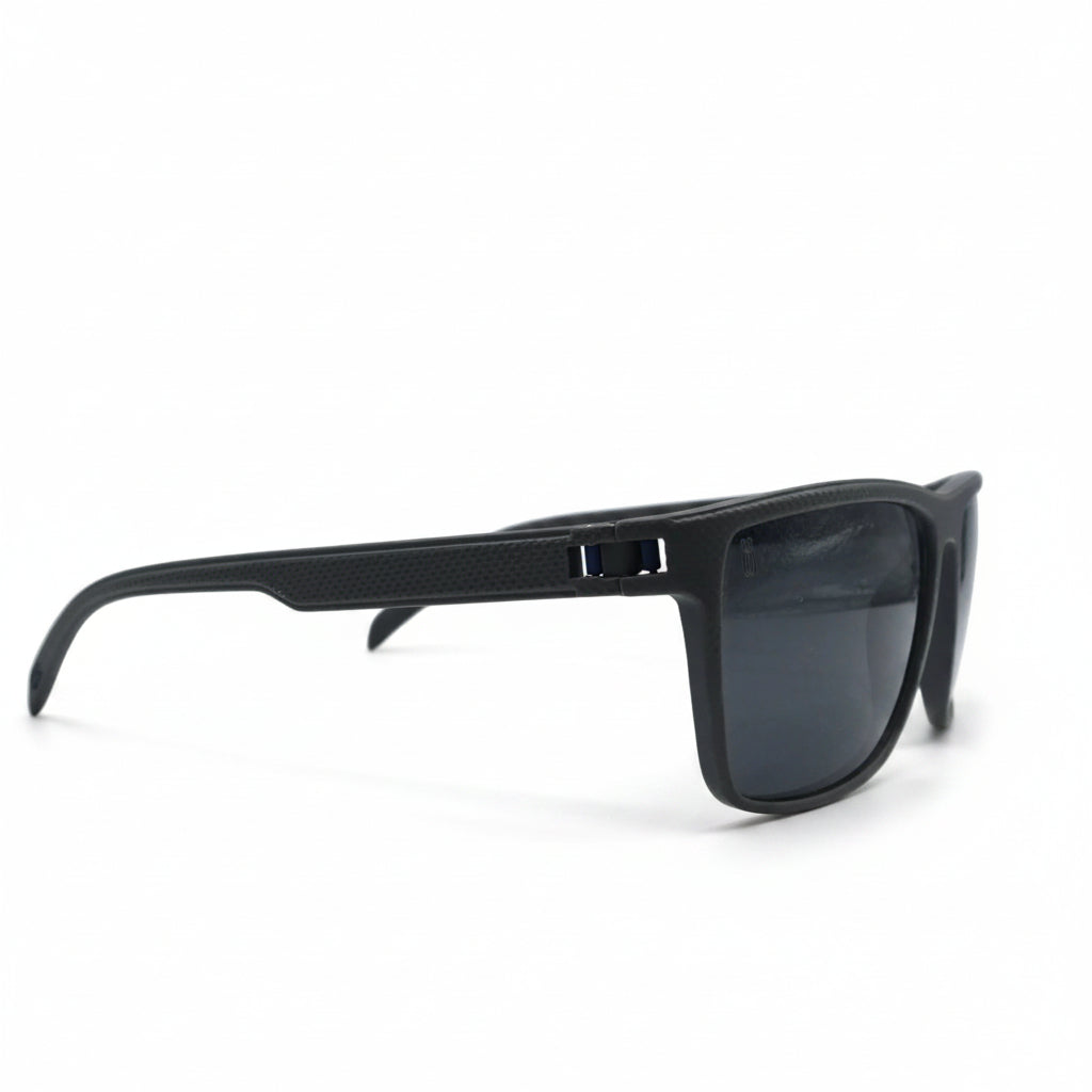 Matte black wrap-around sunglasses with dark tinted lenses, shown from the front on a solid white background.