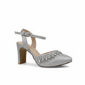 A single silver glitter high-heeled sandal with an ankle strap, pointed toe, and a decorative cluster of clear rhinestones on the vamp, shown against a light gray background.