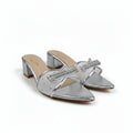 A pair of metallic silver pointed-toe mule sandals with rhinestone-embellished straps and block heels, shown on a light gray surface with a red box partially visible at the right edge.