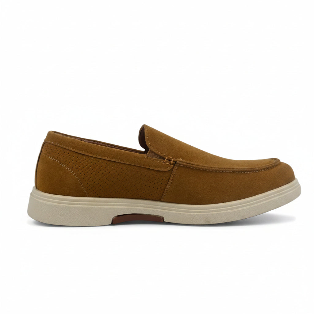 A single tan suede slip-on loafer shoe with a cream-colored sole, shown in profile against a light gray background.