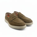 A pair of men's slip-on loafers in brown suede with cream-colored soles, displayed on a white studio background.