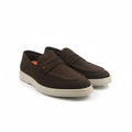 A pair of dark brown suede penny loafers with cream-colored soles, displayed on a white studio background.
