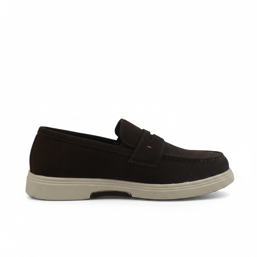 A dark brown slip-on loafer shoe with a cream-colored sole, shown in a side profile against a light gray background.