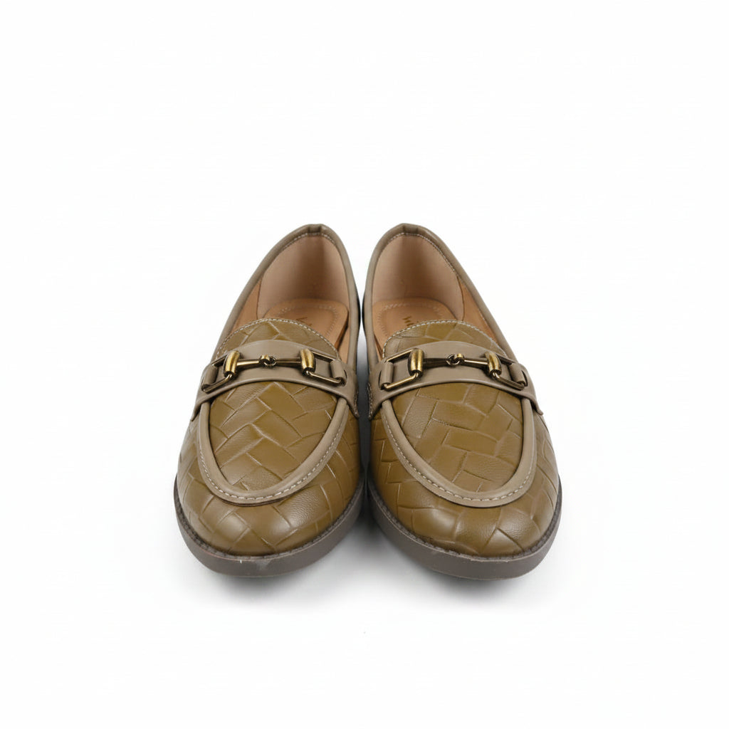 A pair of tan faux-croc woven loafers with gold-tone buckle details, photographed on a white studio background.