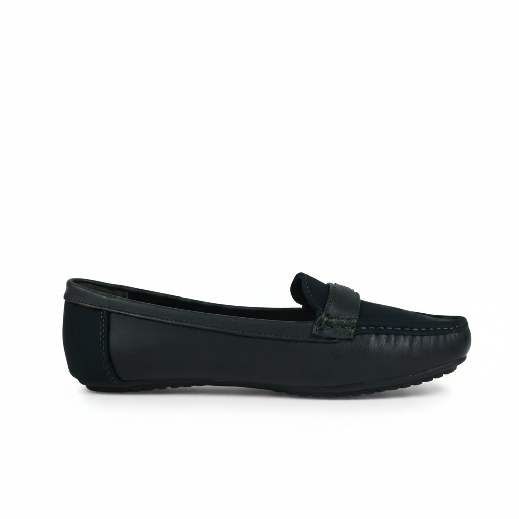 A single black leather penny loafer shown in profile against a light gray fabric backdrop.
