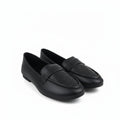 A pair of black leather penny loafers with perforated detailing on the toe straps, displayed on a white studio background.