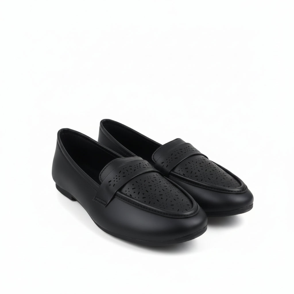 A pair of black leather penny loafers with perforated detailing on the toe straps, displayed on a white studio background.