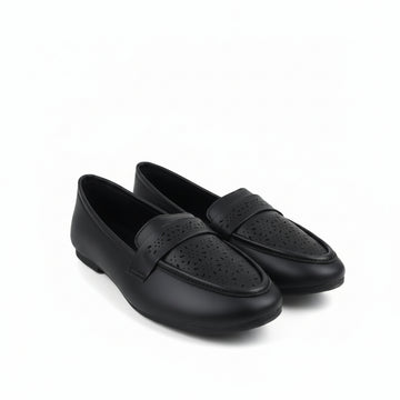 A pair of black leather penny loafers with perforated detailing on the toe straps, displayed on a white studio background.
