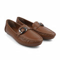 A pair of brown leather penny loafers with silver-tone buckle details, displayed on a white studio background.